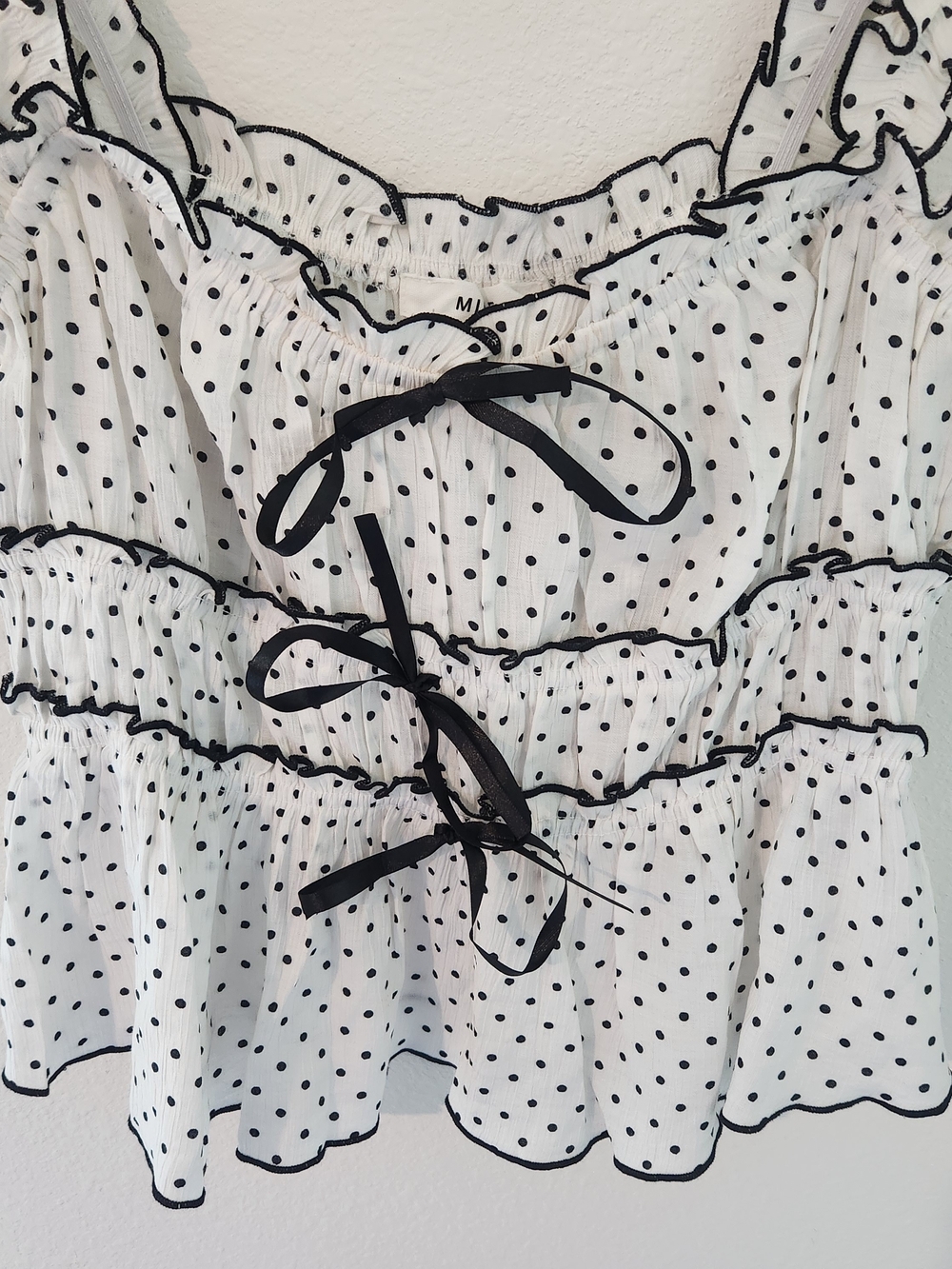 White Polka Dot Baby Doll Ruffle Crop Top with Black Trim And Bows - Picture 5 of 8